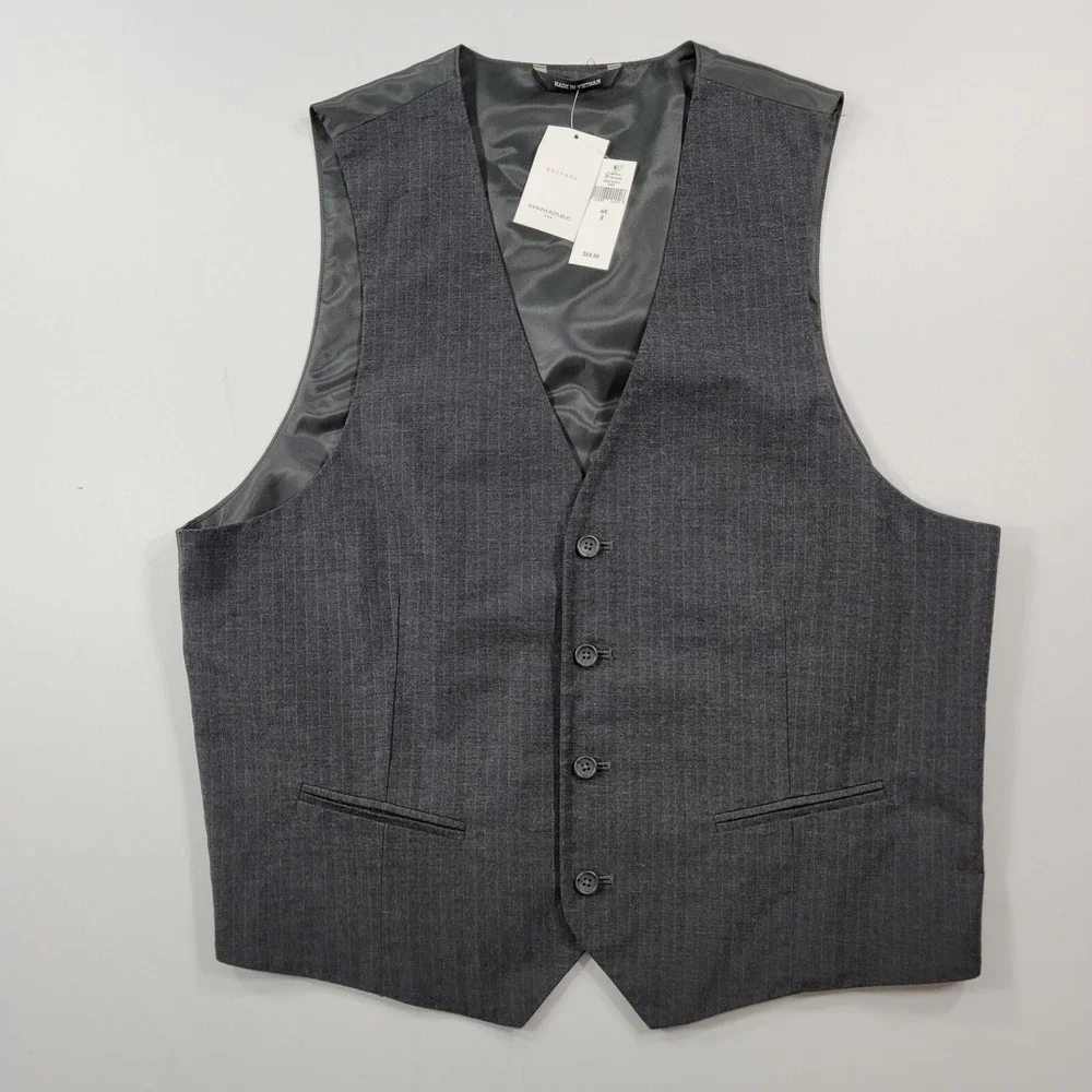 Banana Republic Suit Vest Mens 44R Large Grey Stripe Cotton‎ NEW